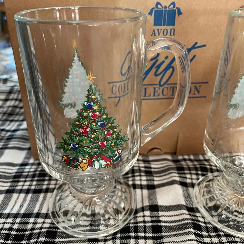 Vintage 1995 Avon Glass Glasses Christmas Irish Coffee Mug Set of 2 BRAND NEW